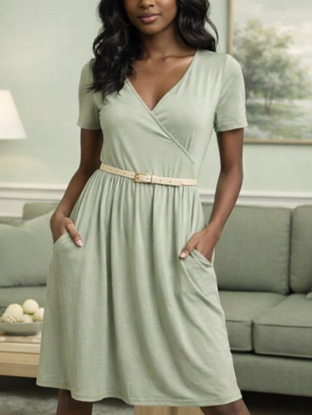 Eikosi Sage CrissCross Pockets Short Sleeve Midi Sheath Casual Dinner